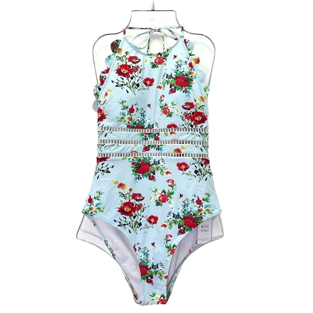 NWT Cupshe Light Blue And Red Floral Halter One-Piece Swimsuit Size Medium New - Picture 5 of 16